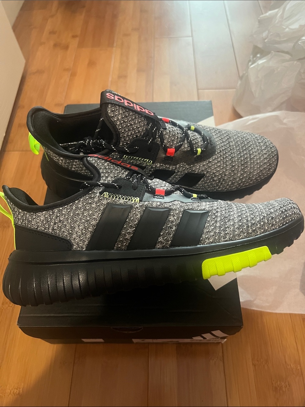 adidas Black & Grey Knit Sneakers with Neon Yellow Accents
